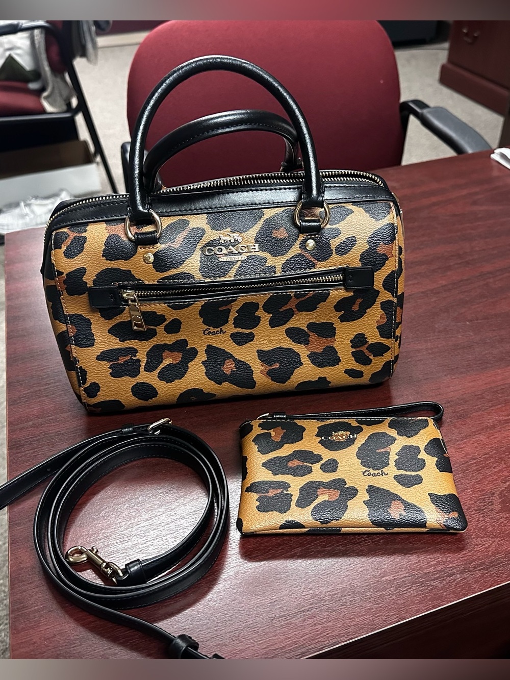 Coach Leopard Print Mini Satchel with Card Case - Tan/Black
